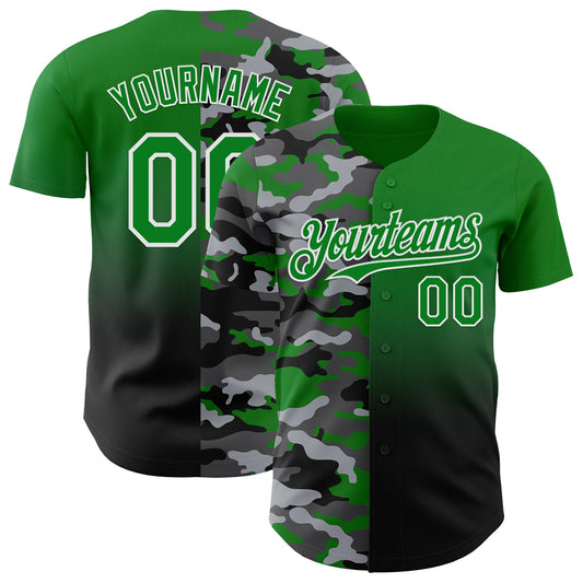 Custom Grass Green Black-White Half Camo Ombre Authentic Baseball Jersey - Main View