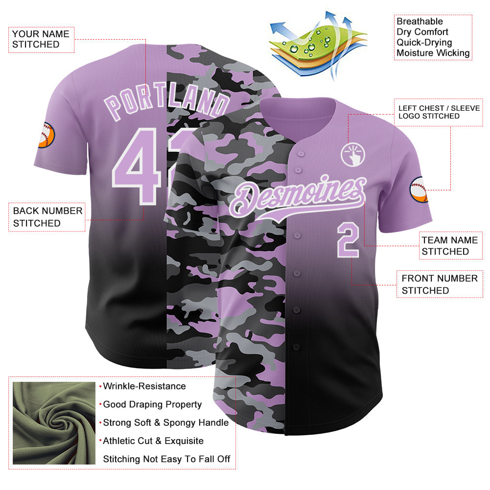 Custom Light Purple Black-White Half Camo Ombre Authentic Baseball Jersey view 3