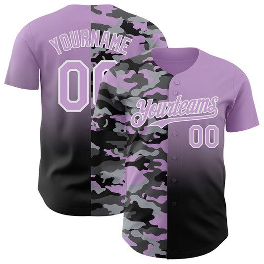 Custom Light Purple Black-White Half Camo Ombre Authentic Baseball Jersey - Main View