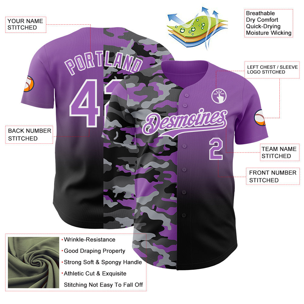Custom Medium Purple Black-White Half Camo Ombre Authentic Baseball Jersey view 3