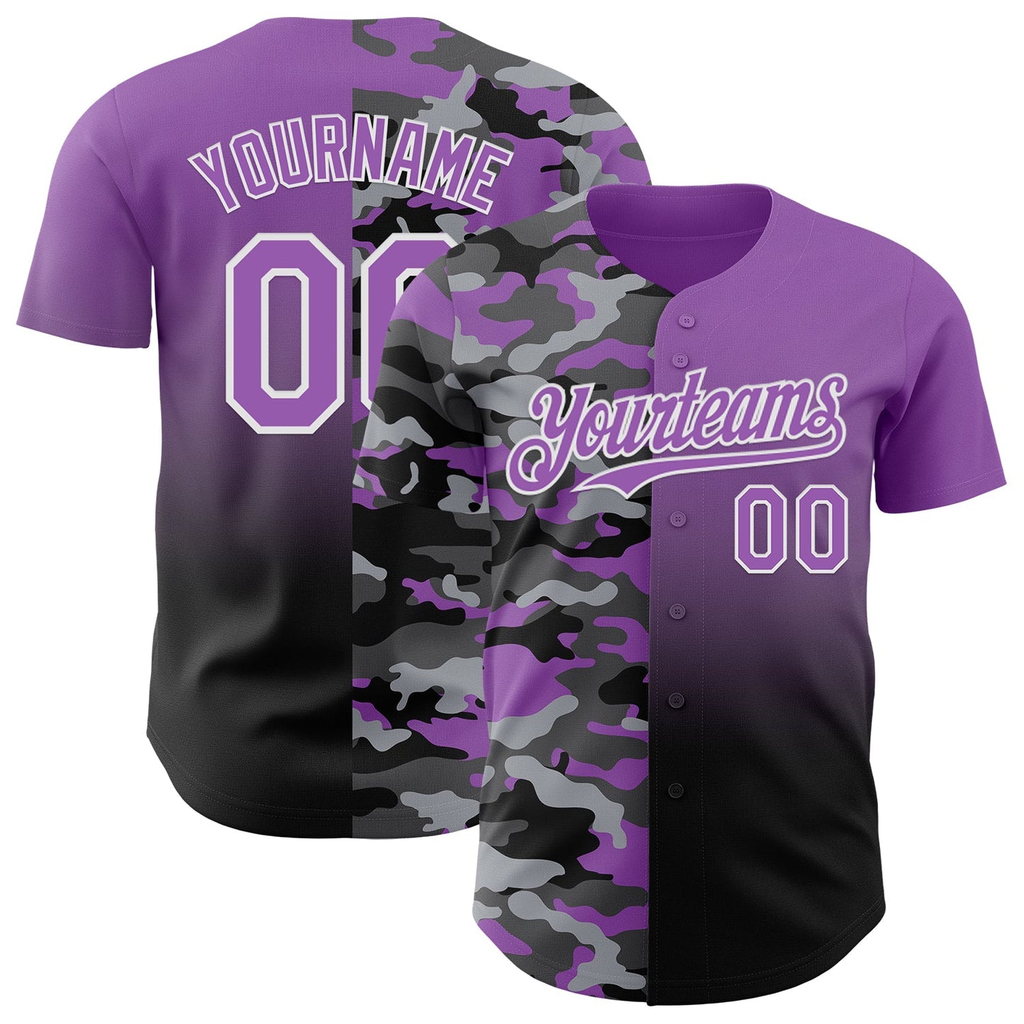 Custom Medium Purple Black-White Half Camo Ombre Authentic Baseball Jersey - Main View