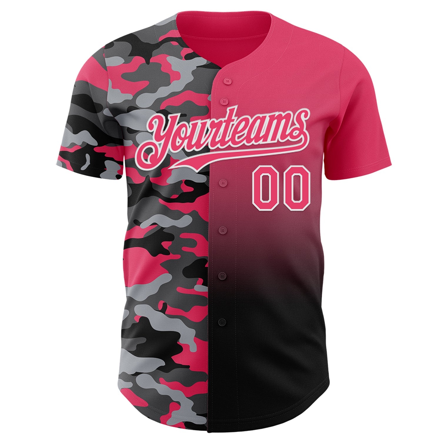 Custom Neon Pink Black-White Half Camo Ombre Authentic Baseball Jersey view 2