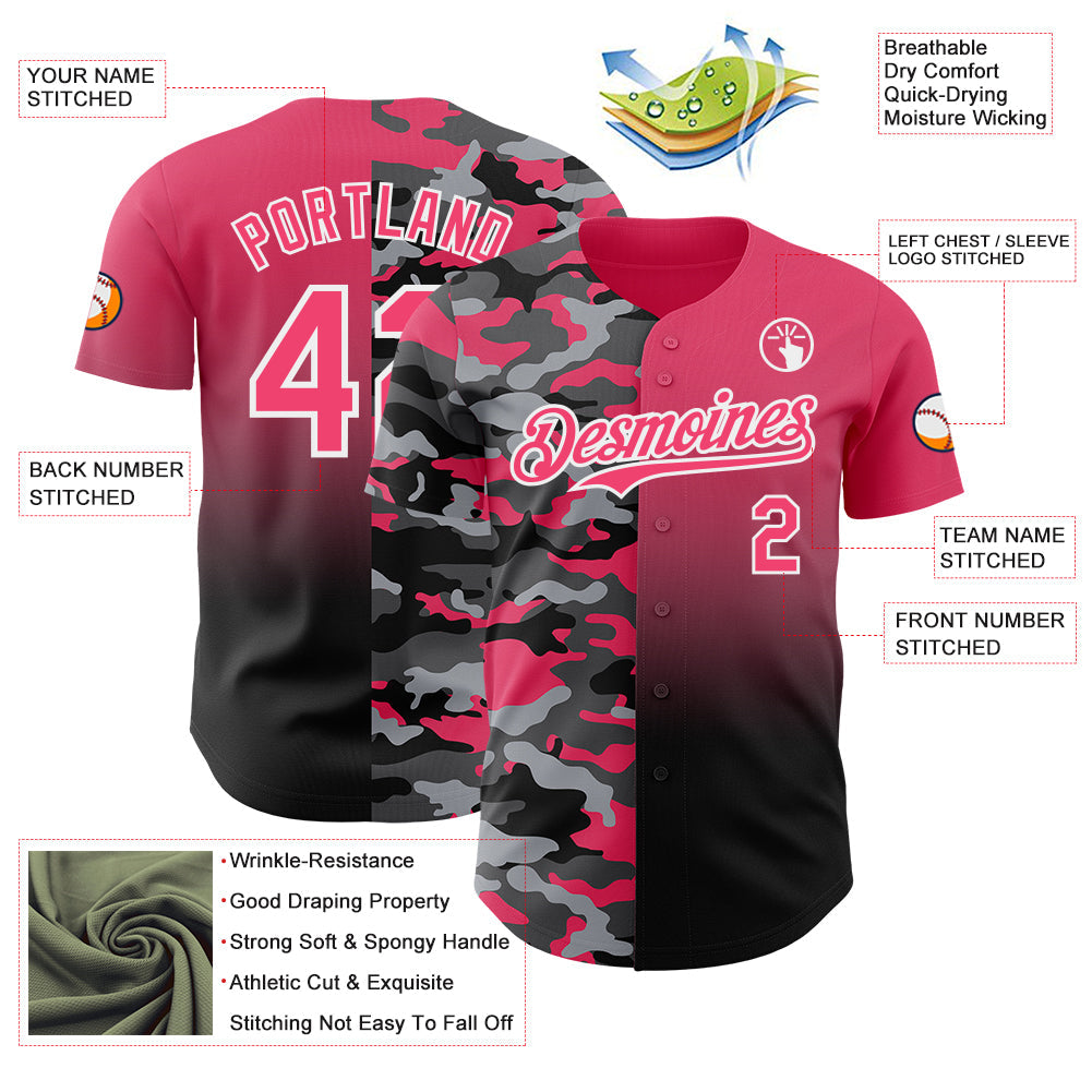 Custom Neon Pink Black-White Half Camo Ombre Authentic Baseball Jersey view 3