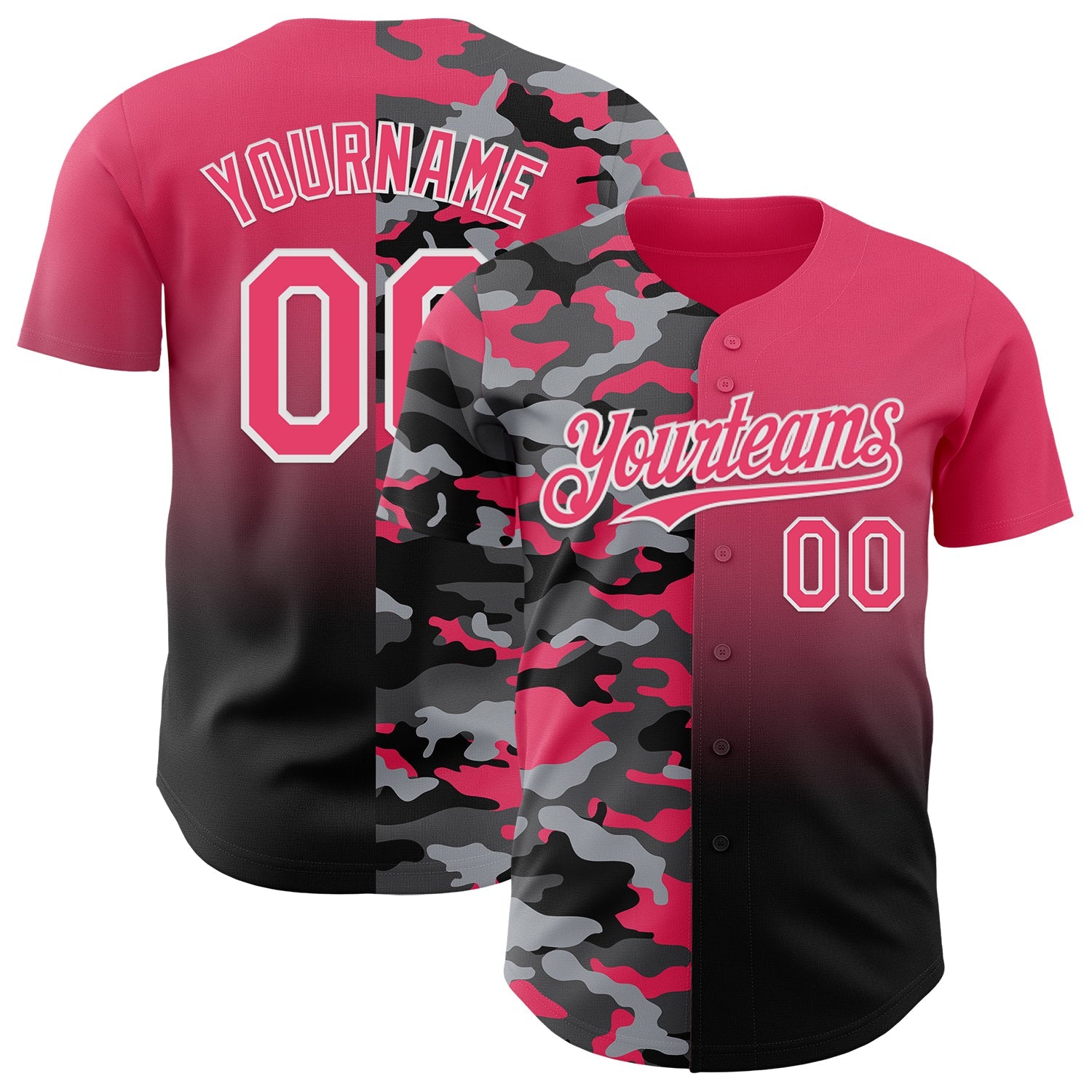 Custom Neon Pink Black-White Half Camo Ombre Authentic Baseball Jersey - Main View