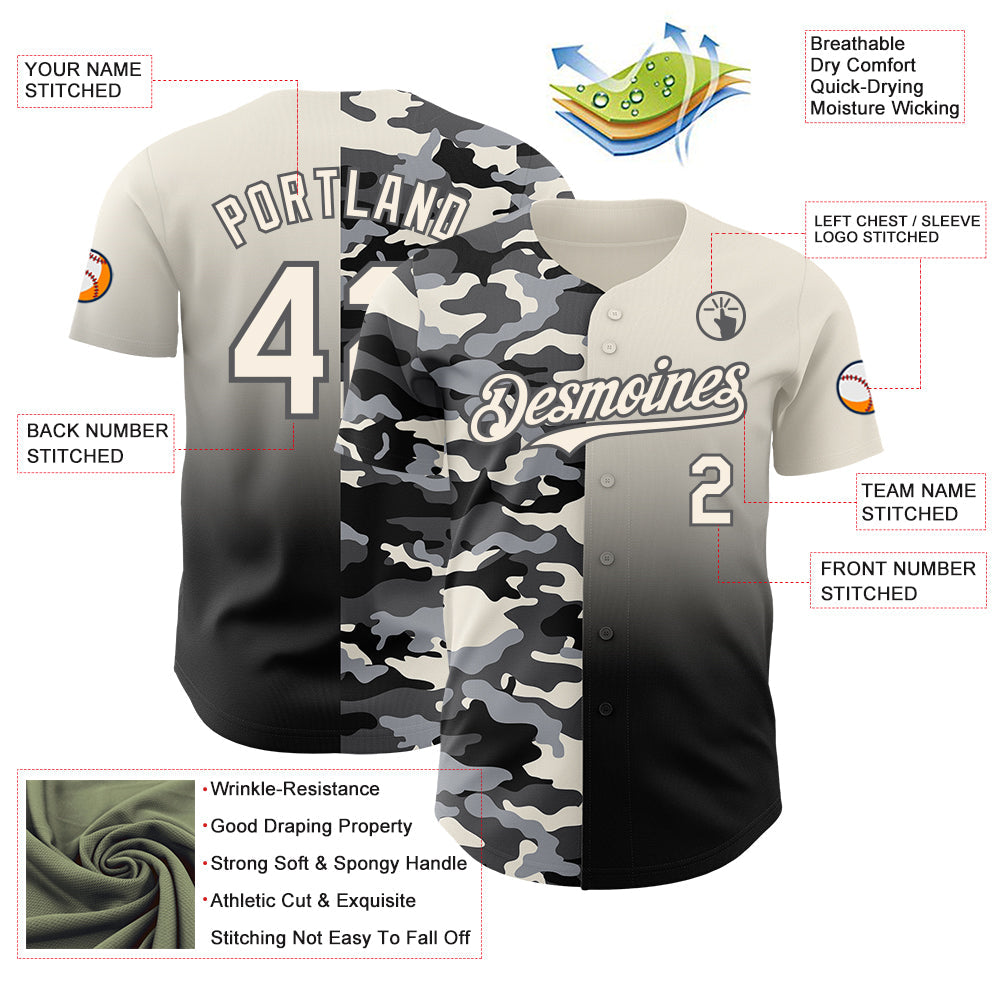 Custom Cream Black-Steel Gray Half Camo Ombre Authentic Baseball Jersey view 3