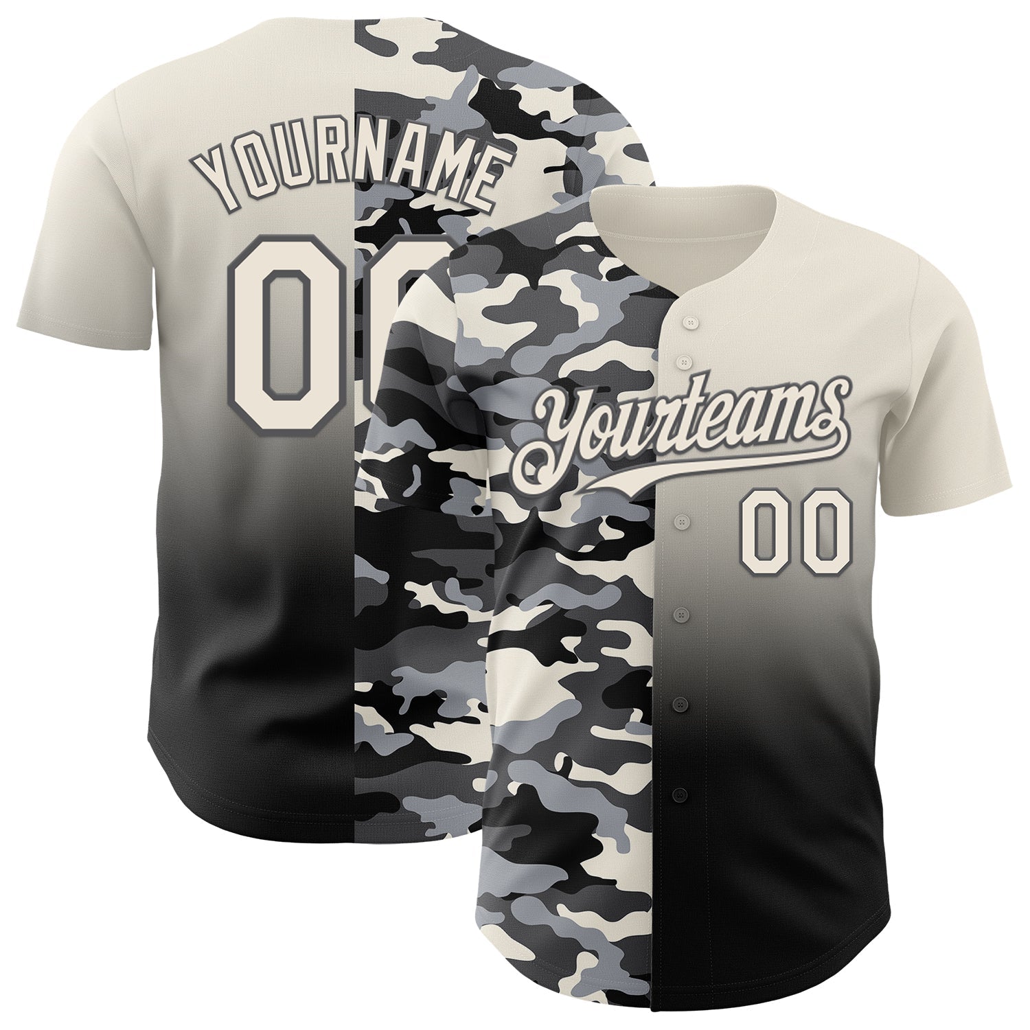 Custom Cream Black-Steel Gray Half Camo Ombre Authentic Baseball Jersey - Main View