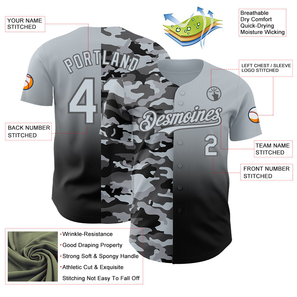 Custom Silver Black-Steel Gray Half Camo Ombre Authentic Baseball Jersey view 3