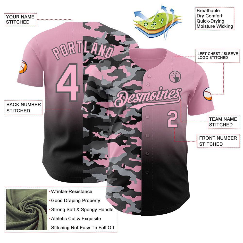 Custom Light Pink Black-Steel Gray Half Camo Ombre Authentic Baseball Jersey view 3