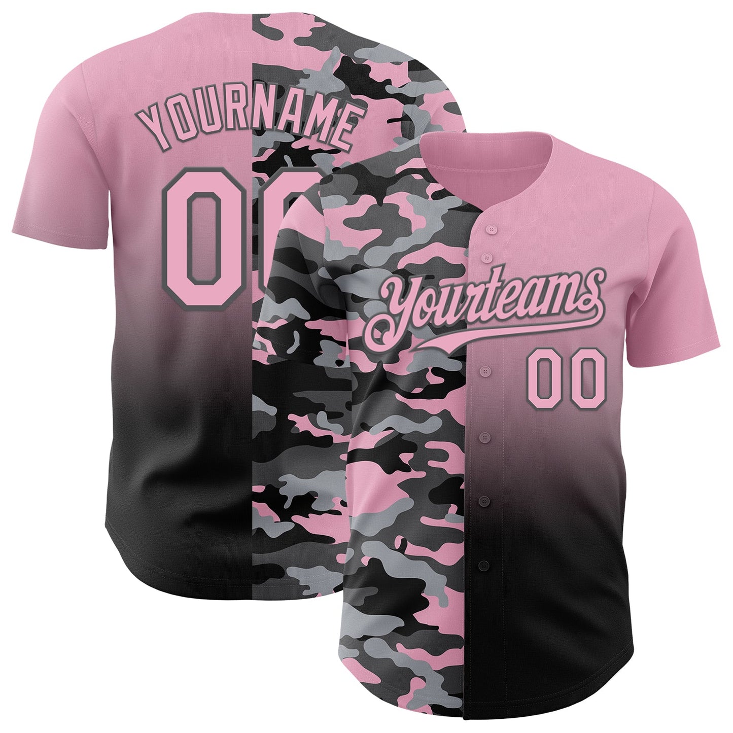 Custom Light Pink Black-Steel Gray Half Camo Ombre Authentic Baseball Jersey - Main View