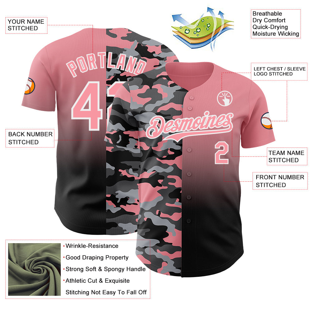 Custom Medium Pink Black-White Half Camo Ombre Authentic Baseball Jersey view 3