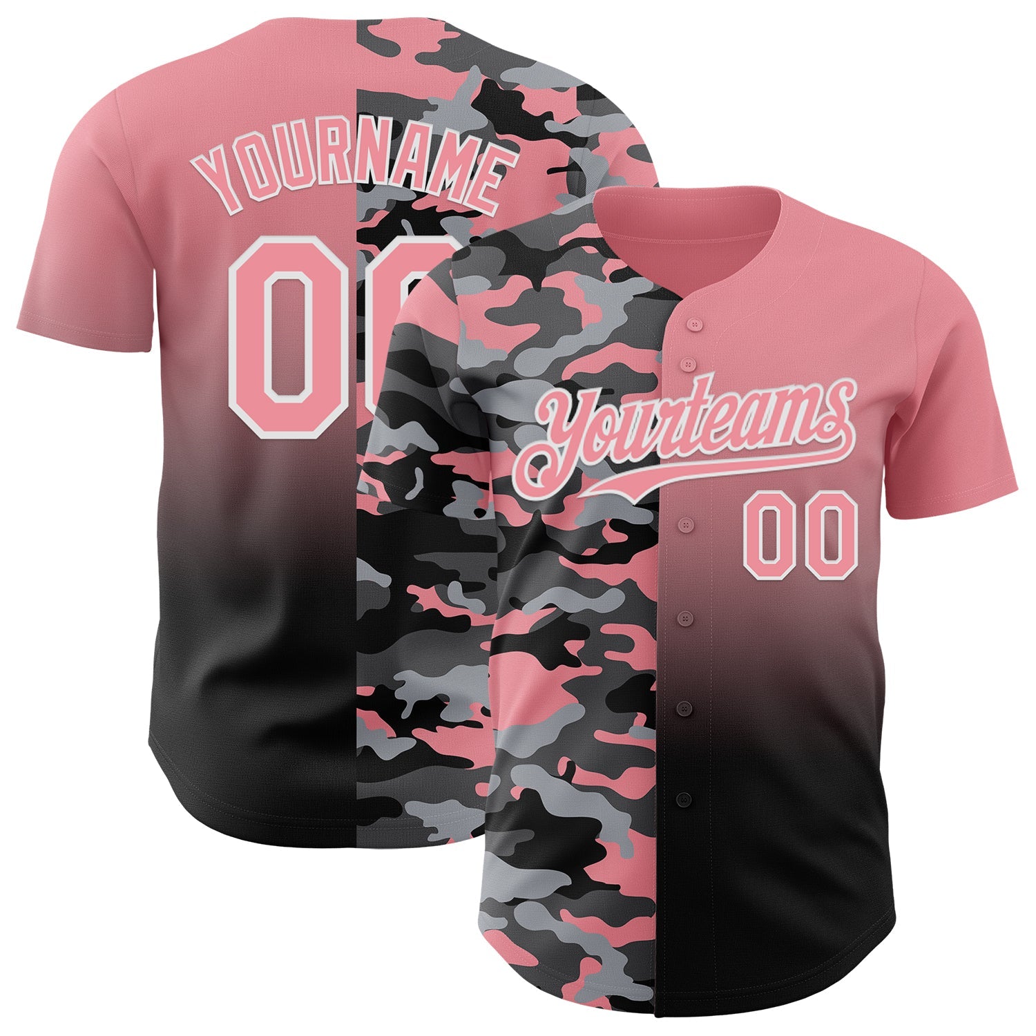Custom Medium Pink Black-White Half Camo Ombre Authentic Baseball Jersey - Main View