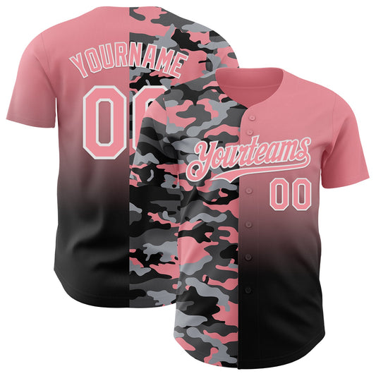 Custom Medium Pink Black-White Half Camo Ombre Authentic Baseball Jersey - Main View