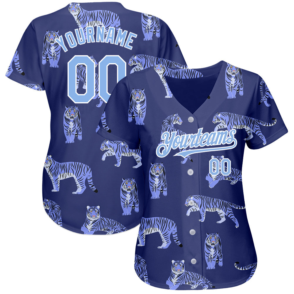 Custom Dark Purple Light Blue-White 3D Pattern Design Tiger Authentic Baseball Jersey view 2