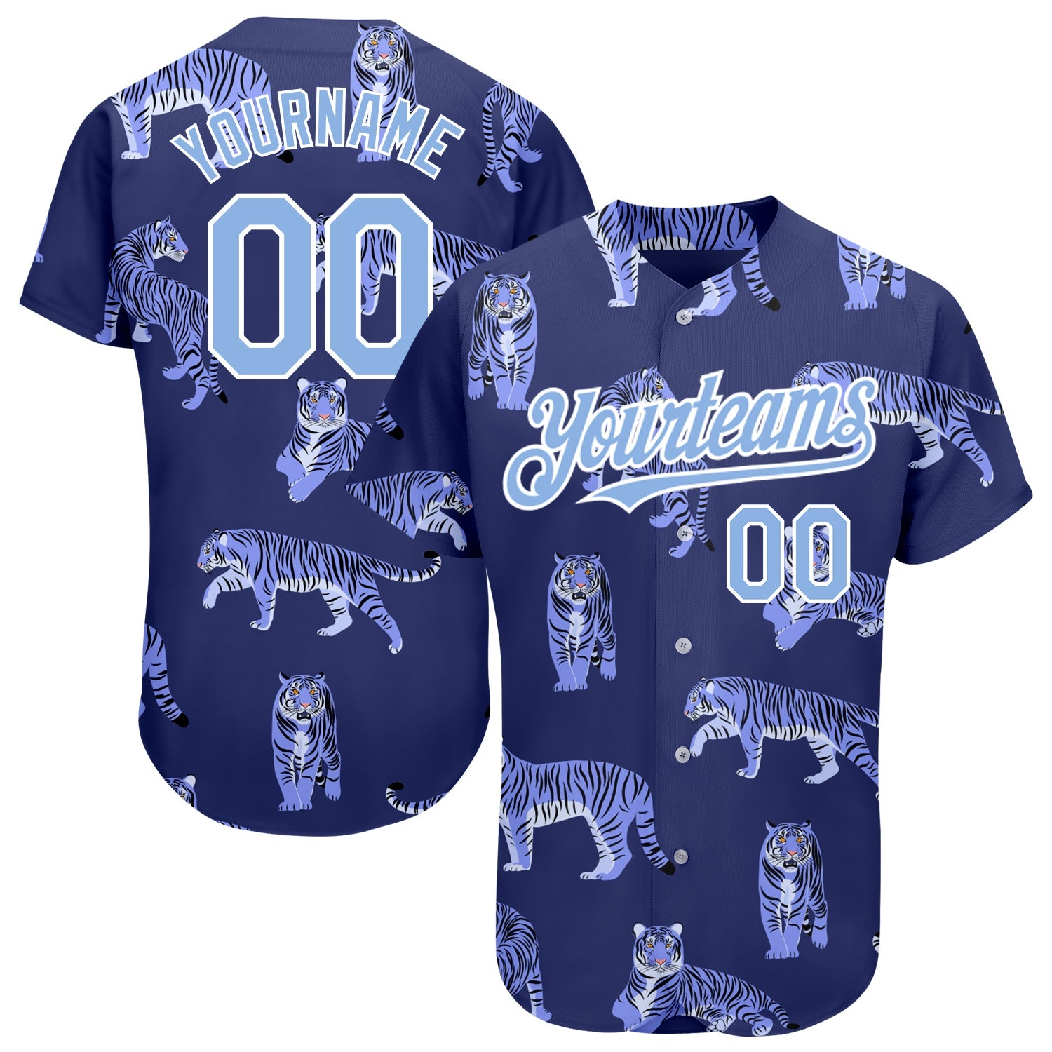 Custom Dark Purple Light Blue-White 3D Pattern Design Tiger Authentic Baseball Jersey - Main View