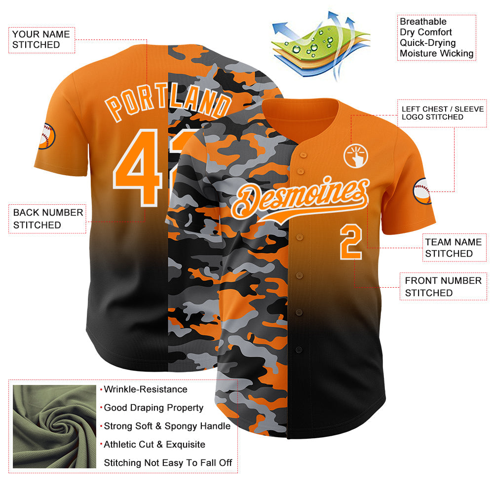 Custom Bay Orange Black-White Half Camo Ombre Authentic Baseball Jersey view 3