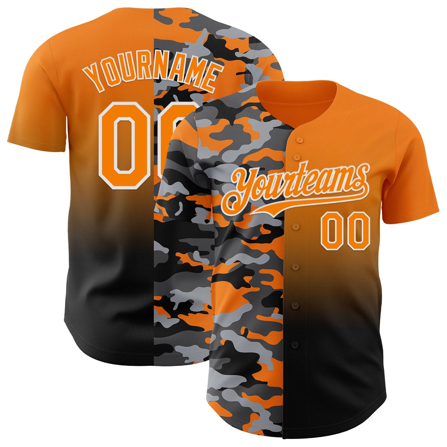 Custom Bay Orange Black-White Half Camo Ombre Authentic Baseball Jersey - Main View
