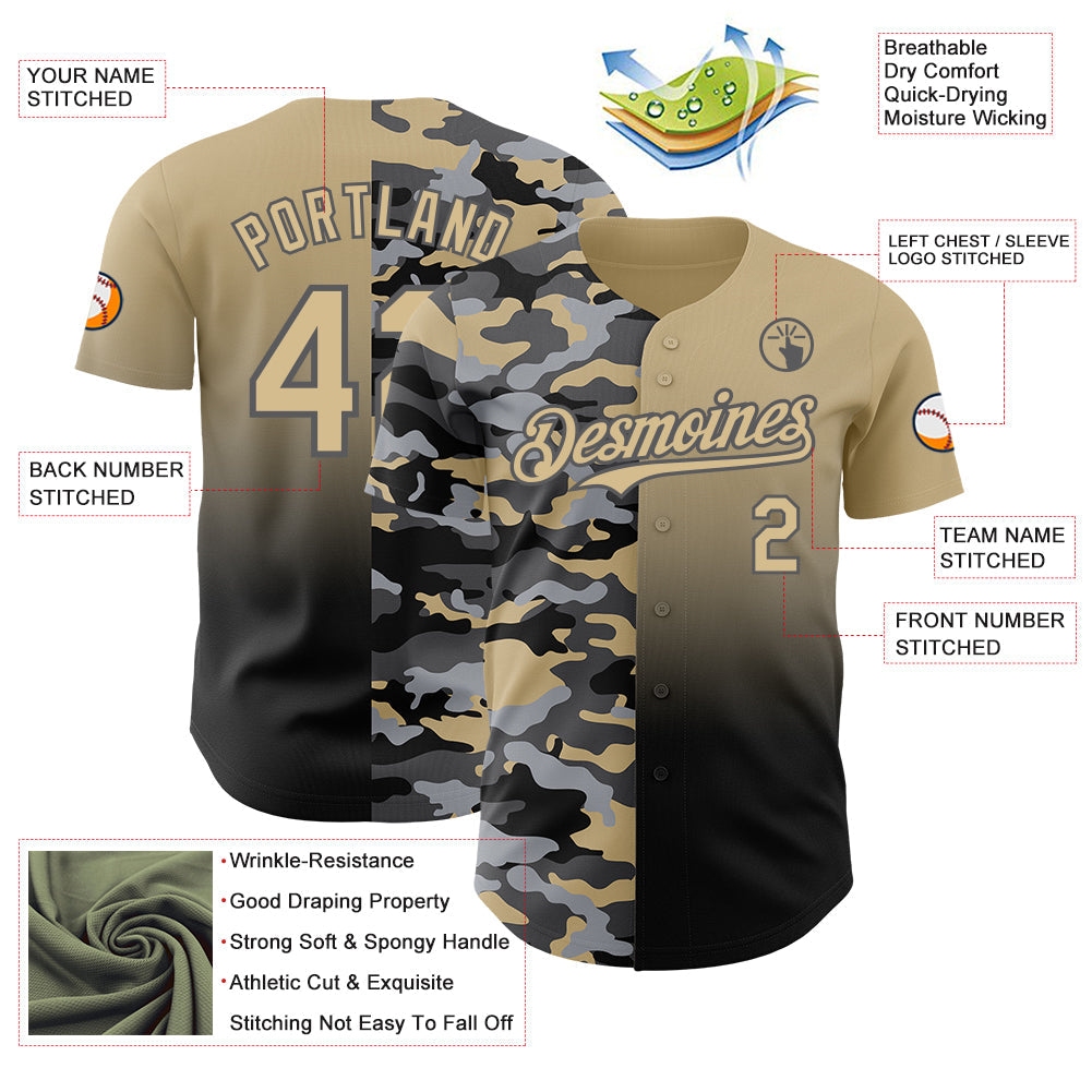 Custom Vegas Gold Black-Steel Gray Half Camo Ombre Authentic Baseball Jersey view 3