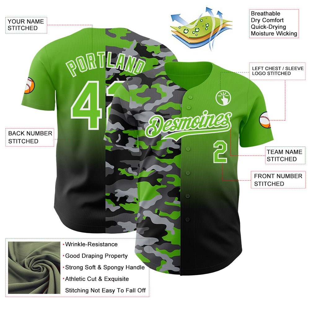 Custom Aurora Green Black-White Half Camo Ombre Authentic Baseball Jersey view 3