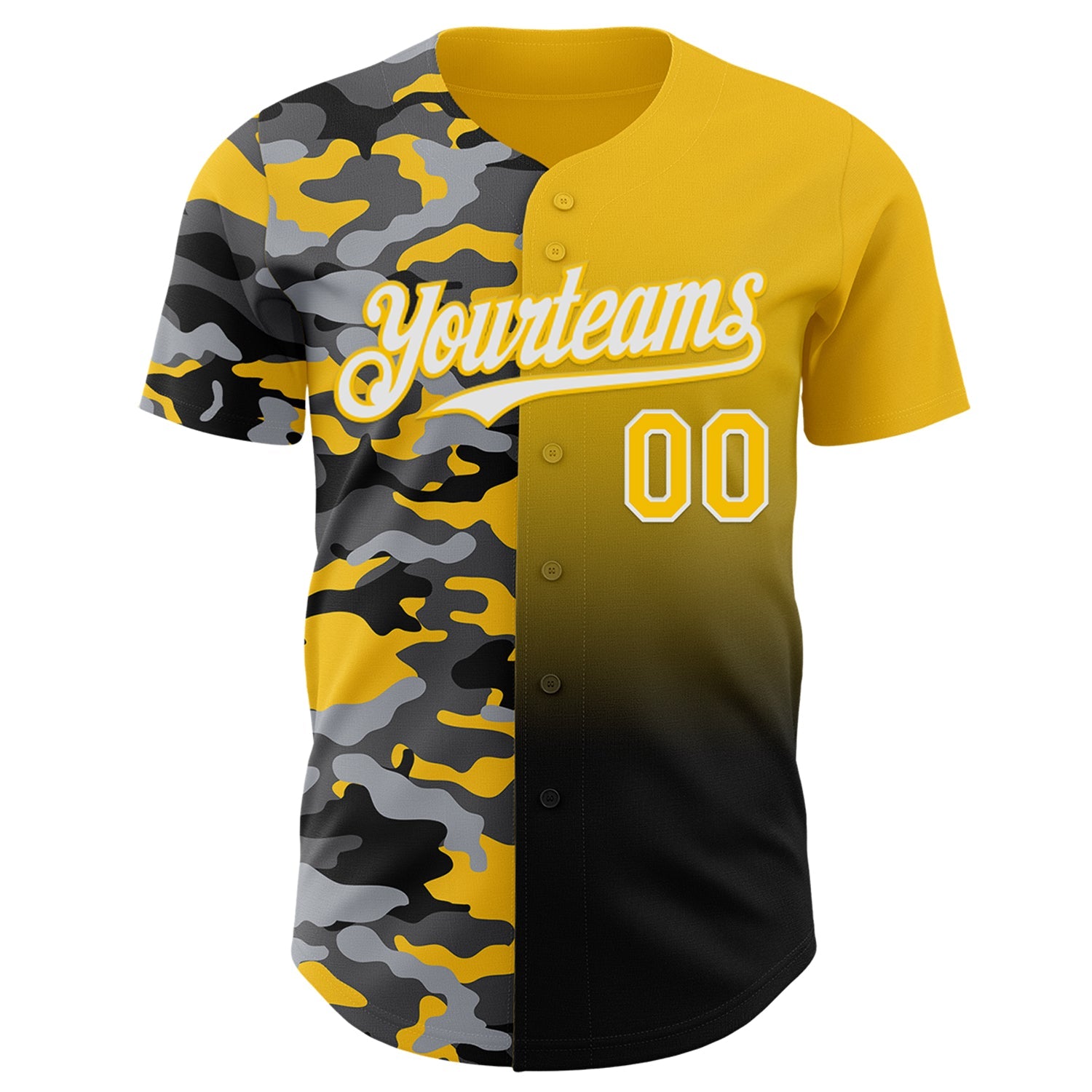 Custom Yellow Black-White Half Camo Ombre Authentic Baseball Jersey view 2
