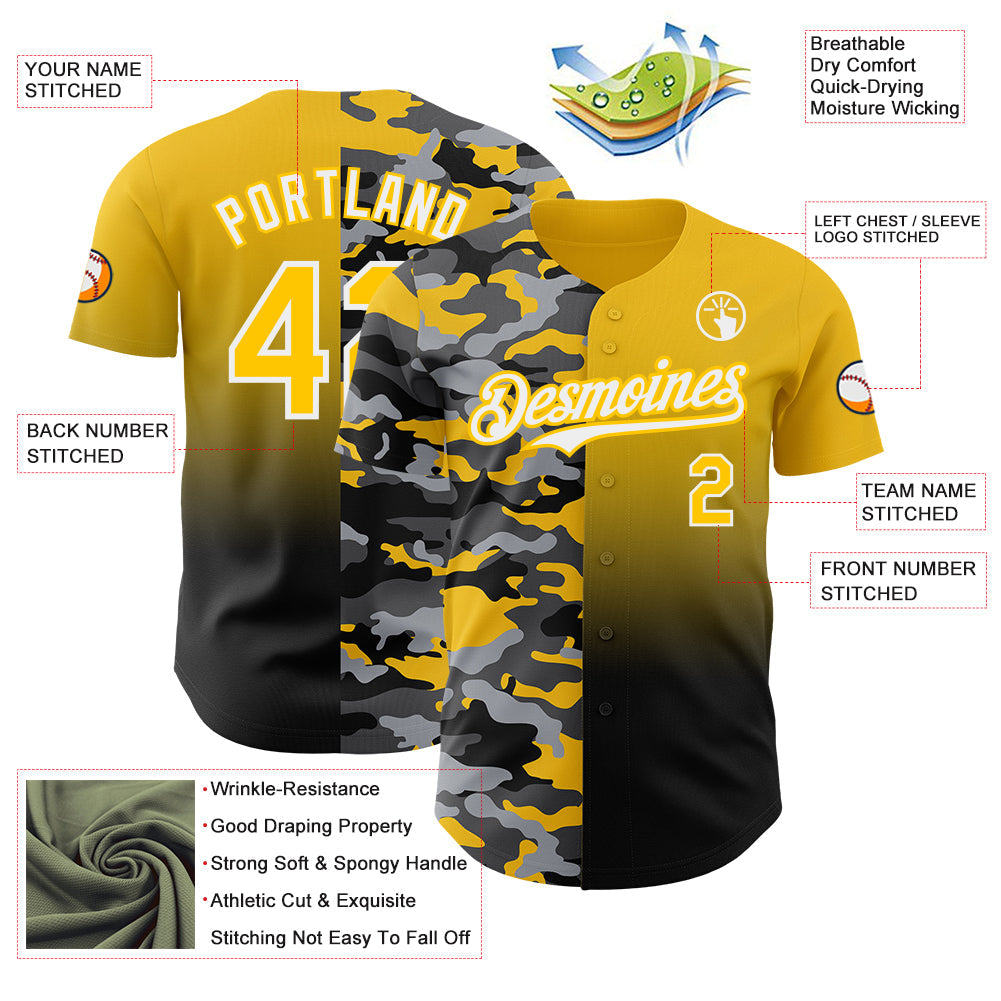 Custom Yellow Black-White Half Camo Ombre Authentic Baseball Jersey view 3