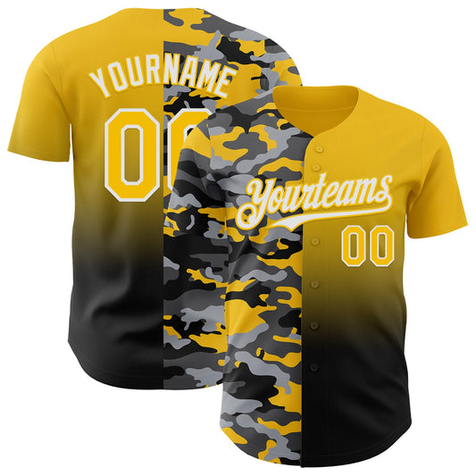 Custom Yellow Black-White Half Camo Ombre Authentic Baseball Jersey - Main View