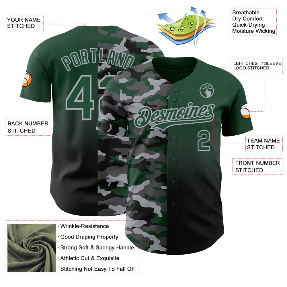 Custom Green Black-Gray Half Camo Ombre Authentic Baseball Jersey view 3