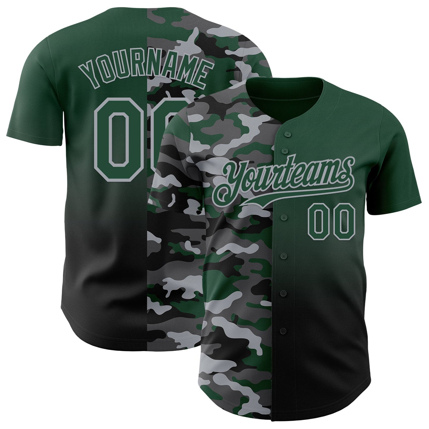 Custom Green Black-Gray Half Camo Ombre Authentic Baseball Jersey - Main View