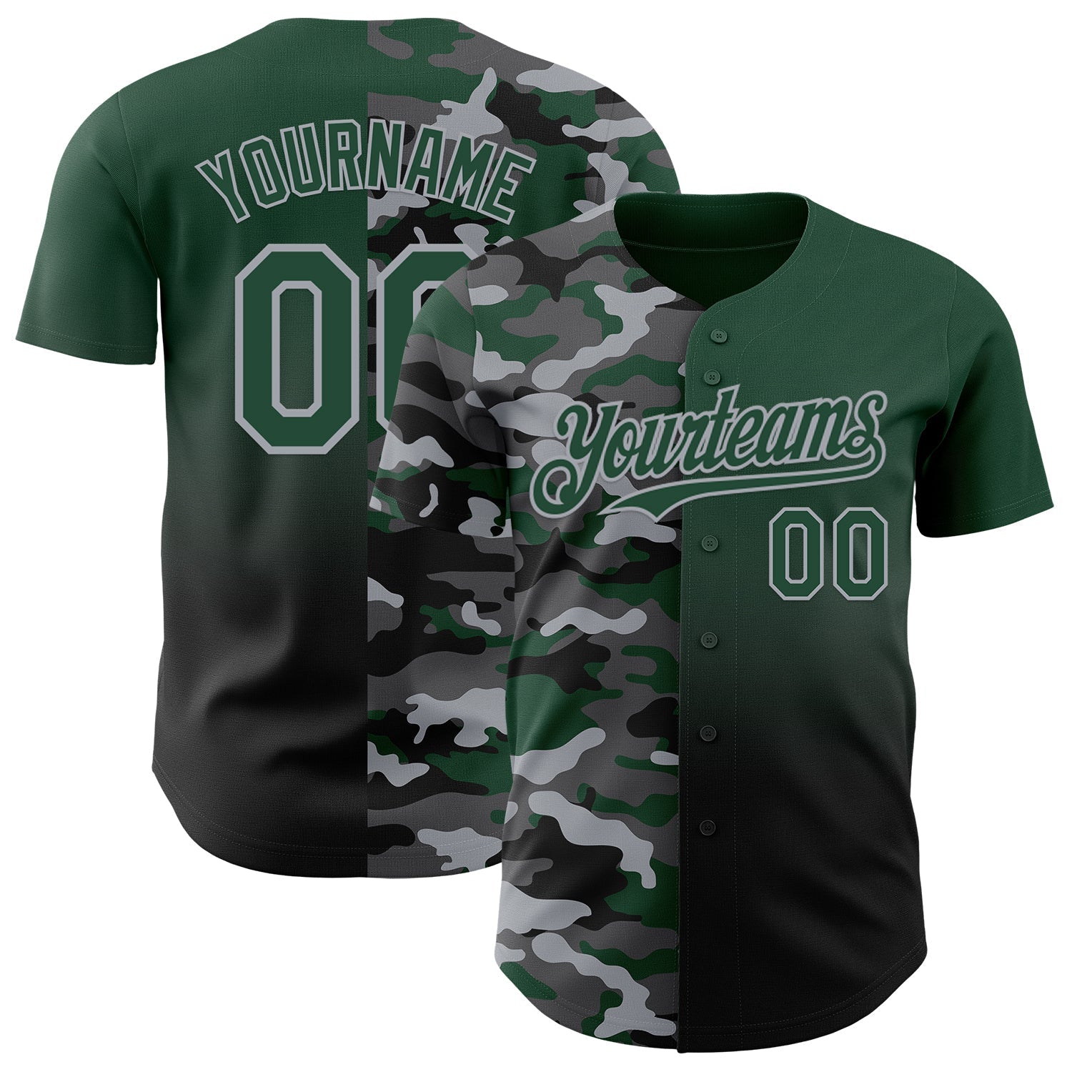 Custom Green Black-Gray Half Camo Ombre Authentic Baseball Jersey - Main View