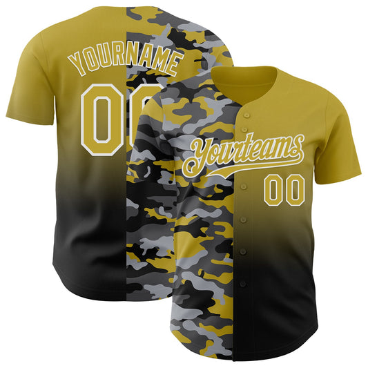 Custom Old Gold Black-White Half Camo Ombre Authentic Baseball Jersey - Main View