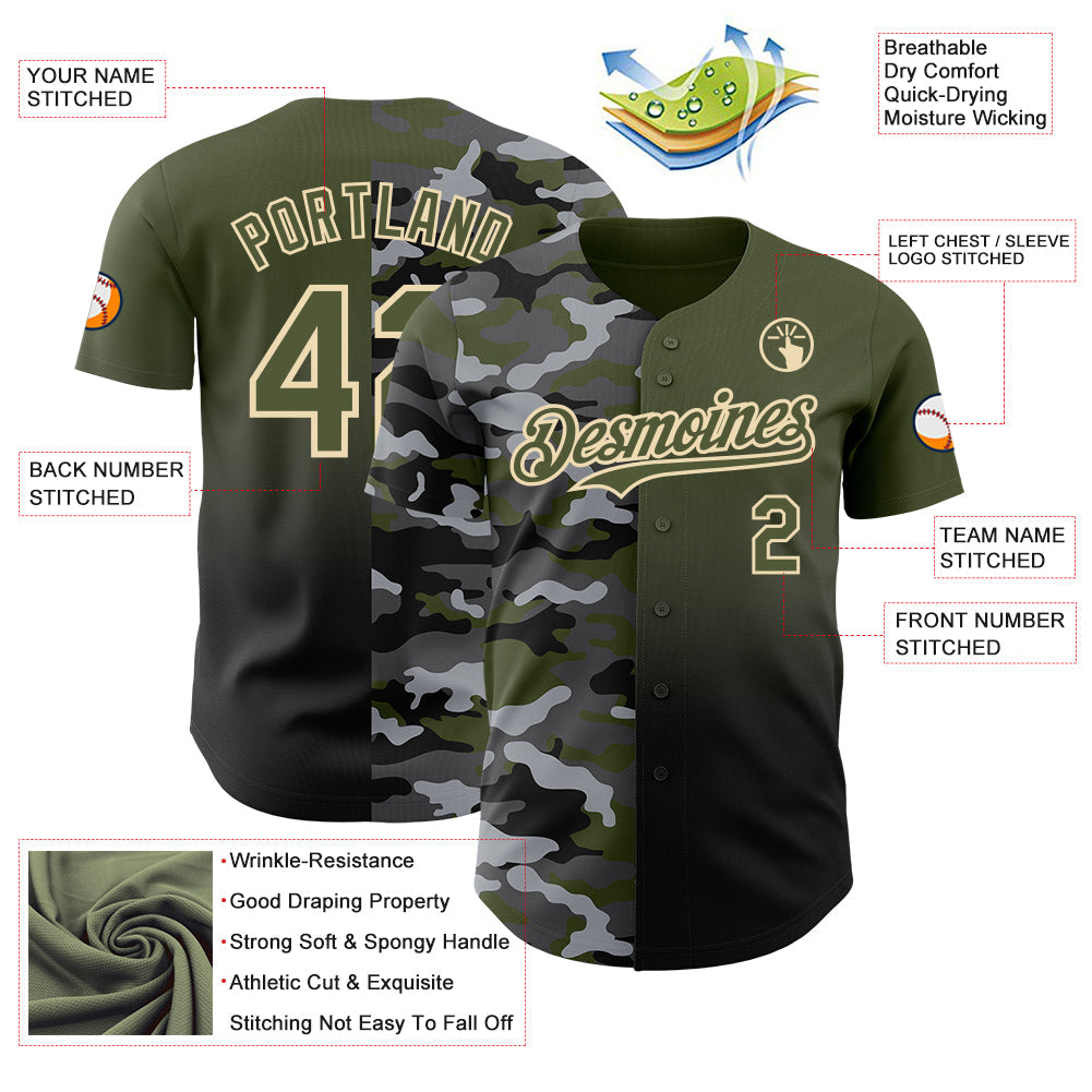 Custom Olive Black-City Cream Half Camo Ombre Authentic Baseball Jersey view 3