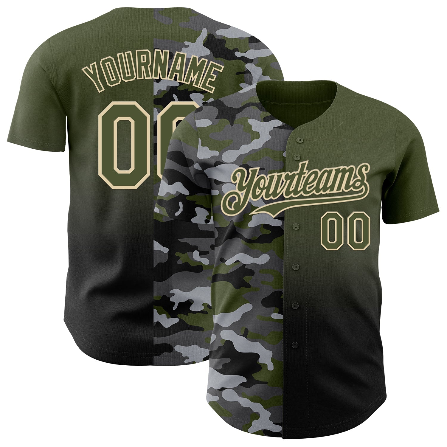 Custom Olive Black-City Cream Half Camo Ombre Authentic Baseball Jersey - Main View
