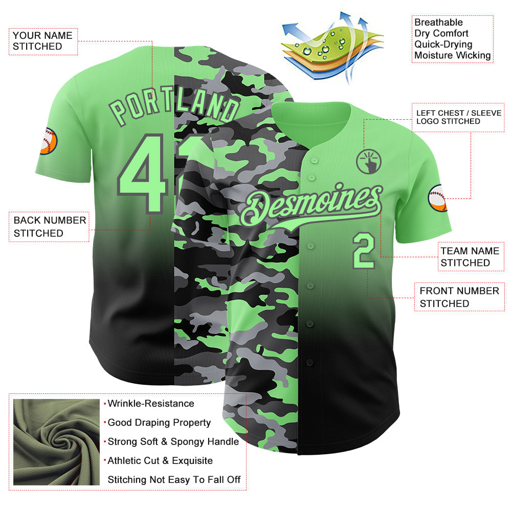 Custom Pea Green Black-Steel Gray Half Camo Ombre Authentic Baseball Jersey view 3
