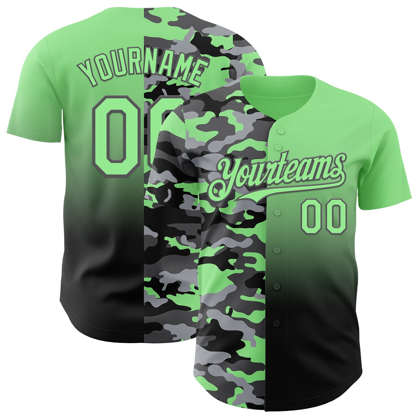 Custom Pea Green Black-Steel Gray Half Camo Ombre Authentic Baseball Jersey - Main View