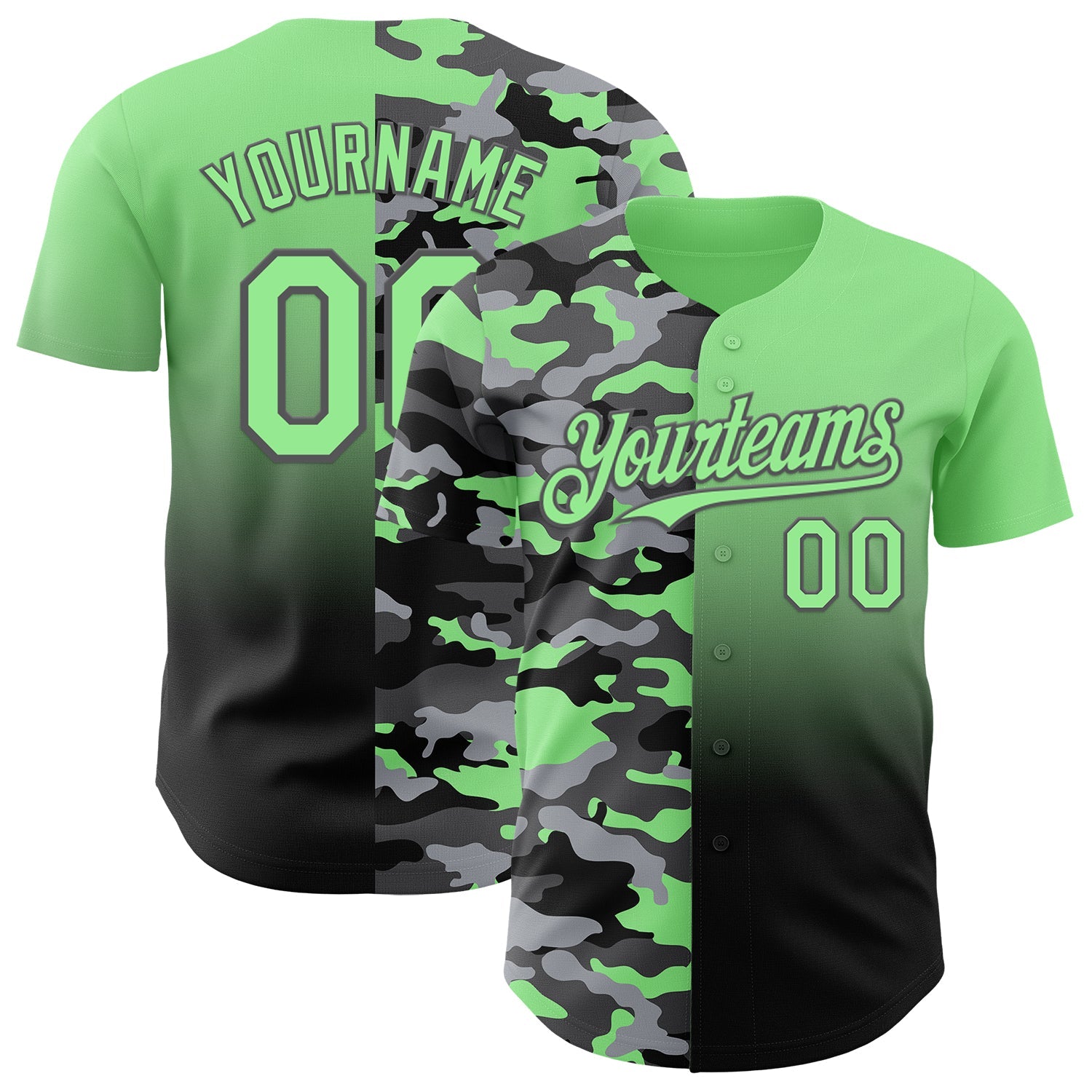 Custom Pea Green Black-Steel Gray Half Camo Ombre Authentic Baseball Jersey - Main View