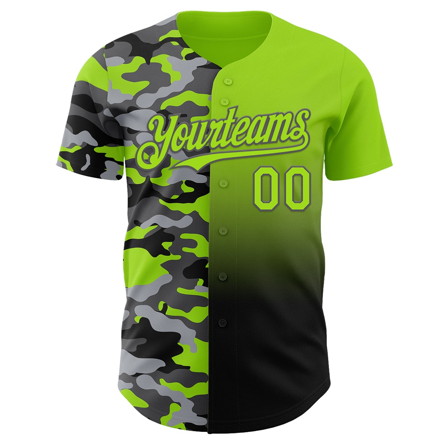 Custom Neon Green Black-Steel Gray Half Camo Ombre Authentic Baseball Jersey view 2