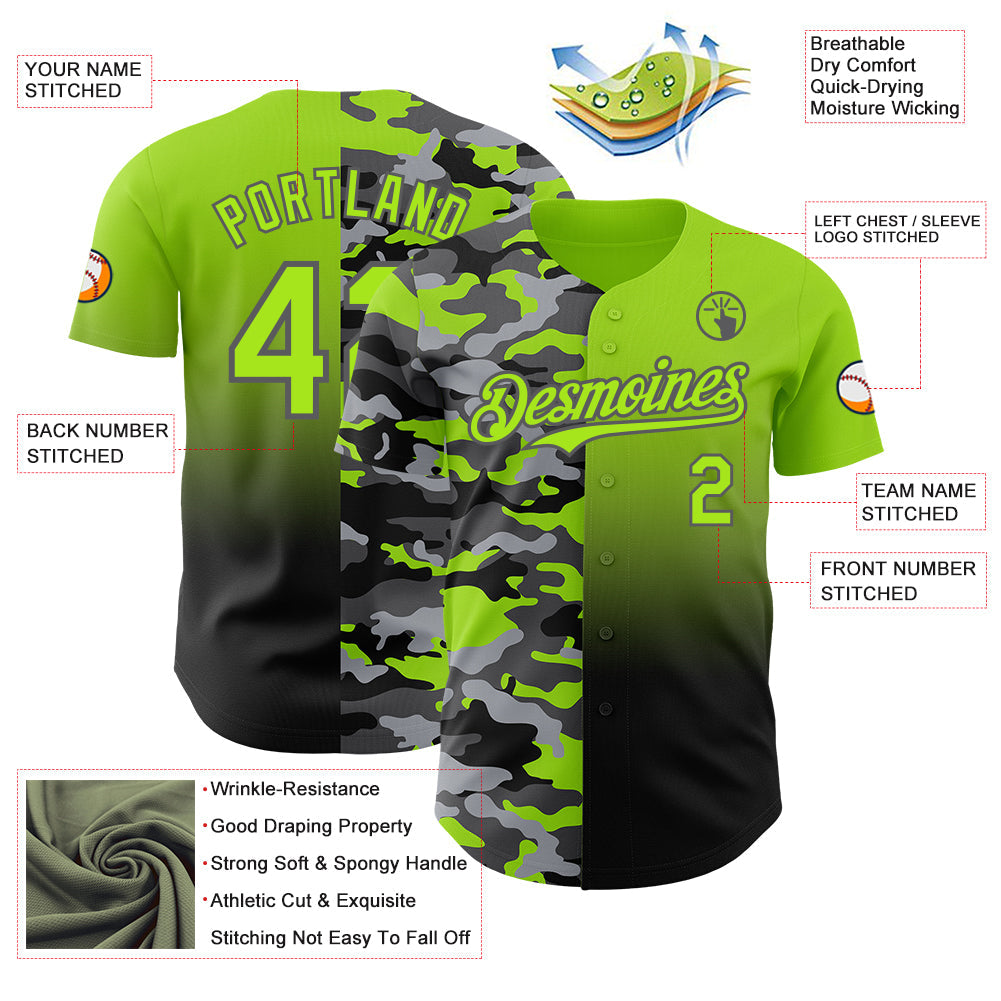 Custom Neon Green Black-Steel Gray Half Camo Ombre Authentic Baseball Jersey view 3