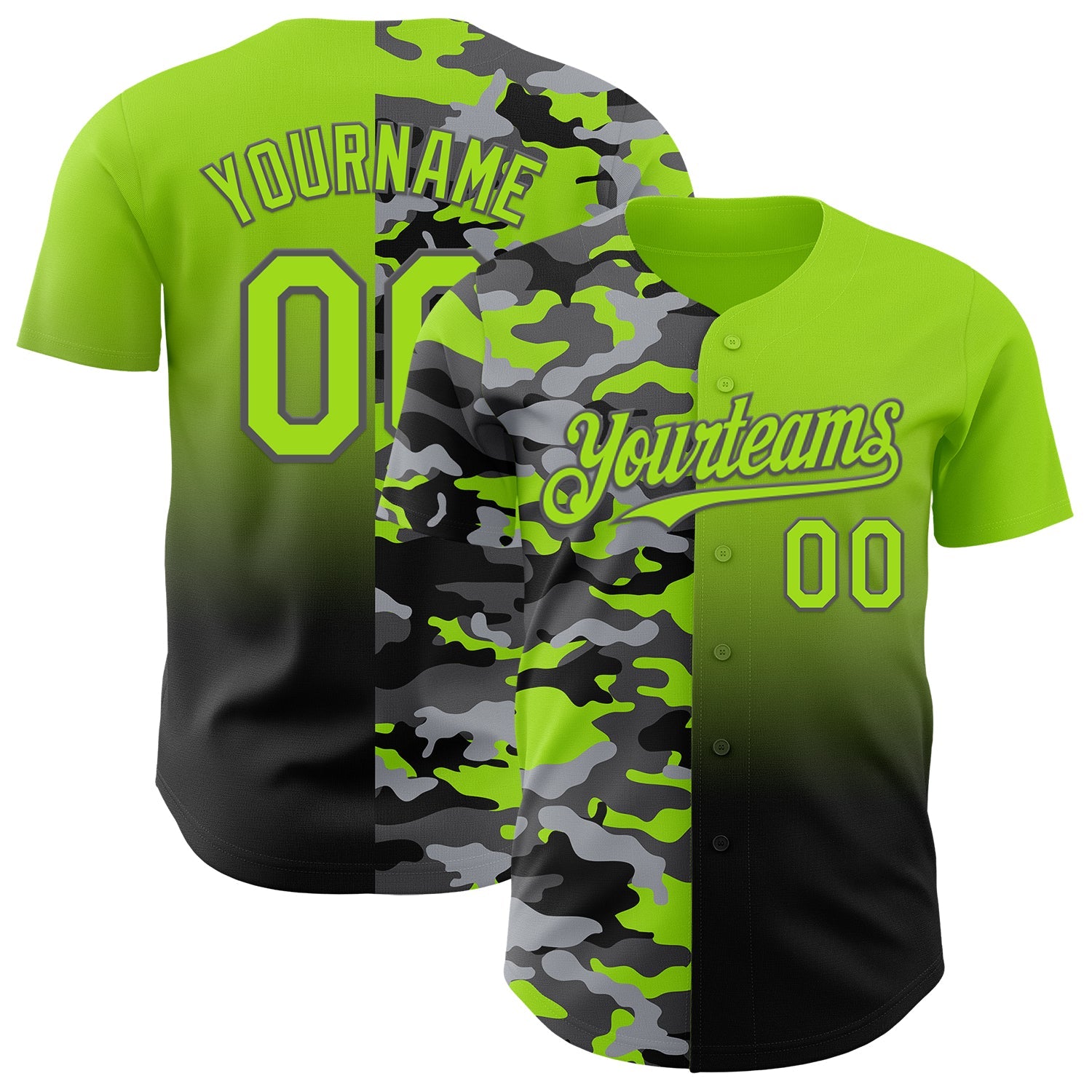 Custom Neon Green Black-Steel Gray Half Camo Ombre Authentic Baseball Jersey - Main View