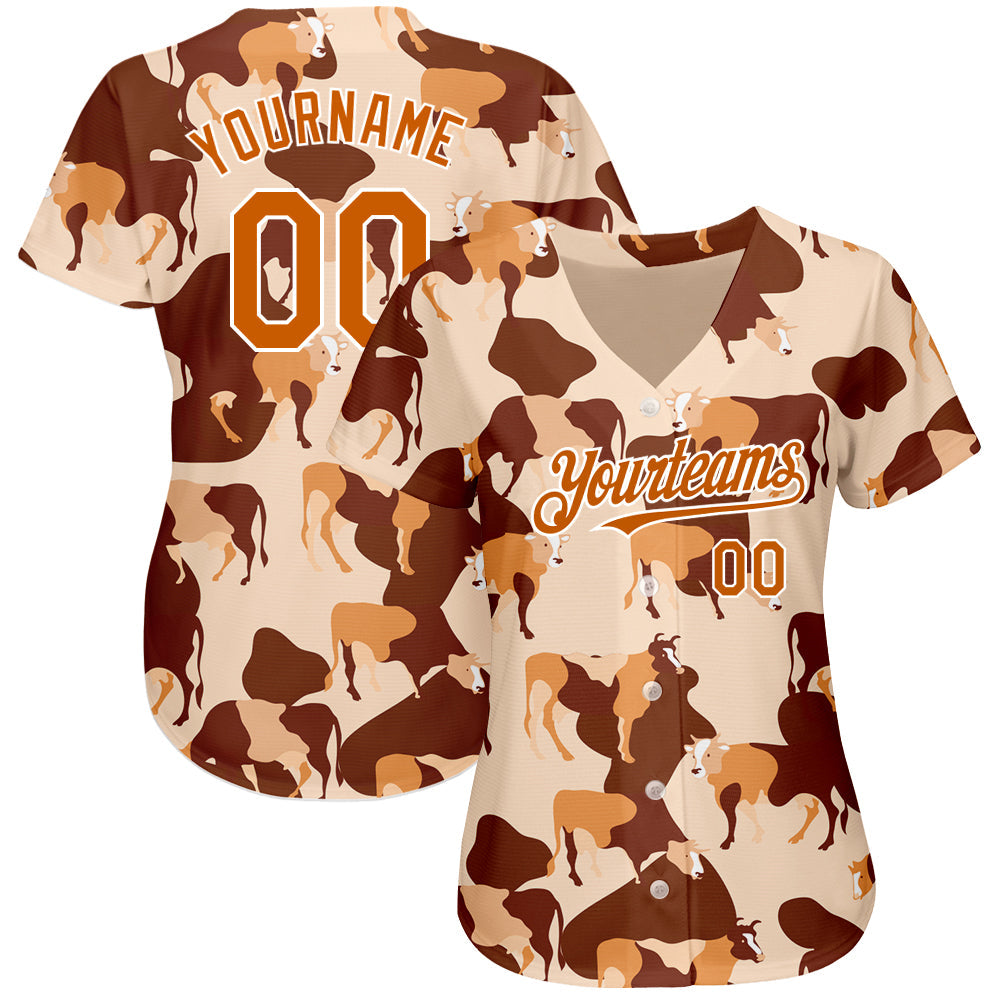 Custom Cream Texas Orange-White 3D Pattern Design Ox Authentic Baseball Jersey view 2