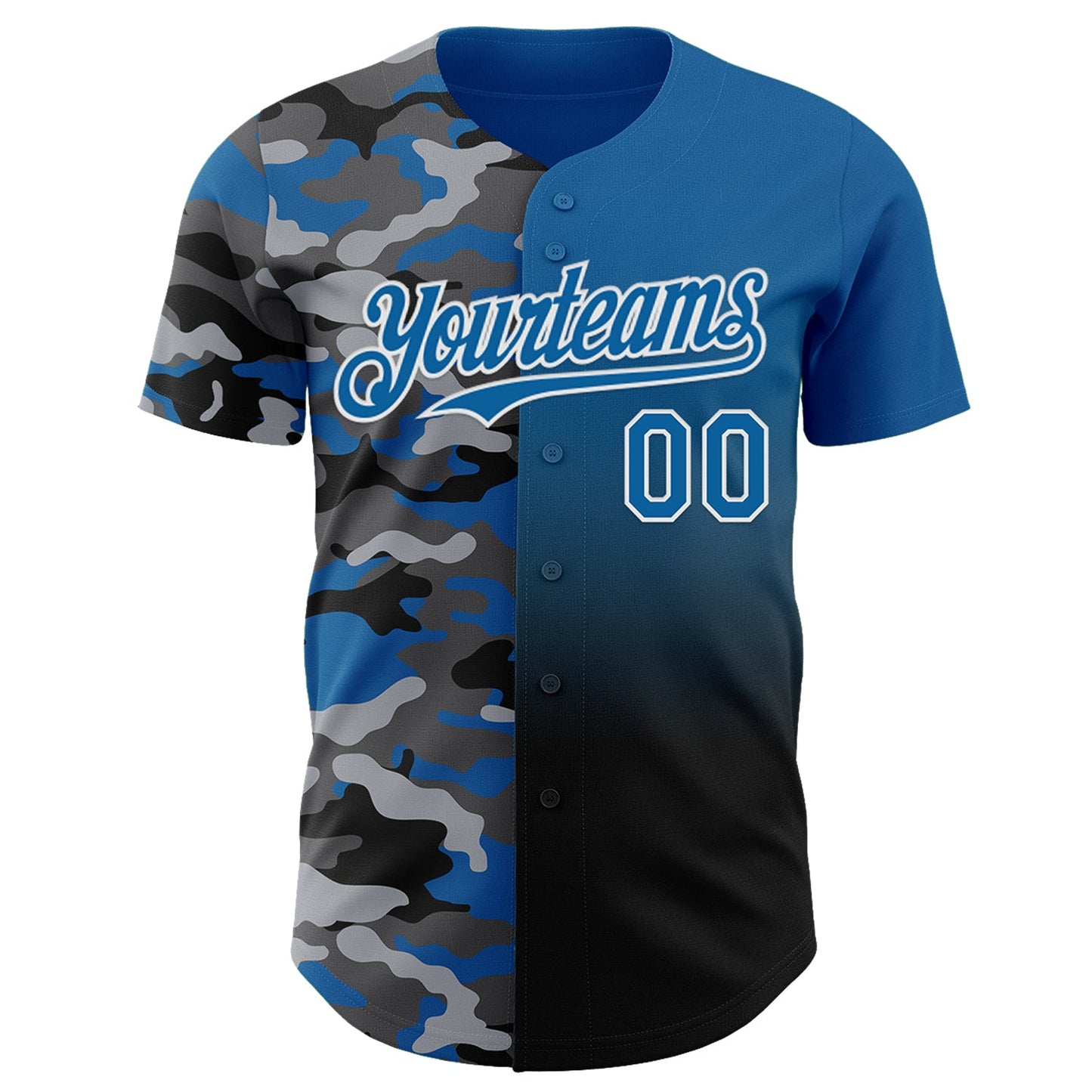 Custom Blue Black-White Half Camo Ombre Authentic Baseball Jersey view 2
