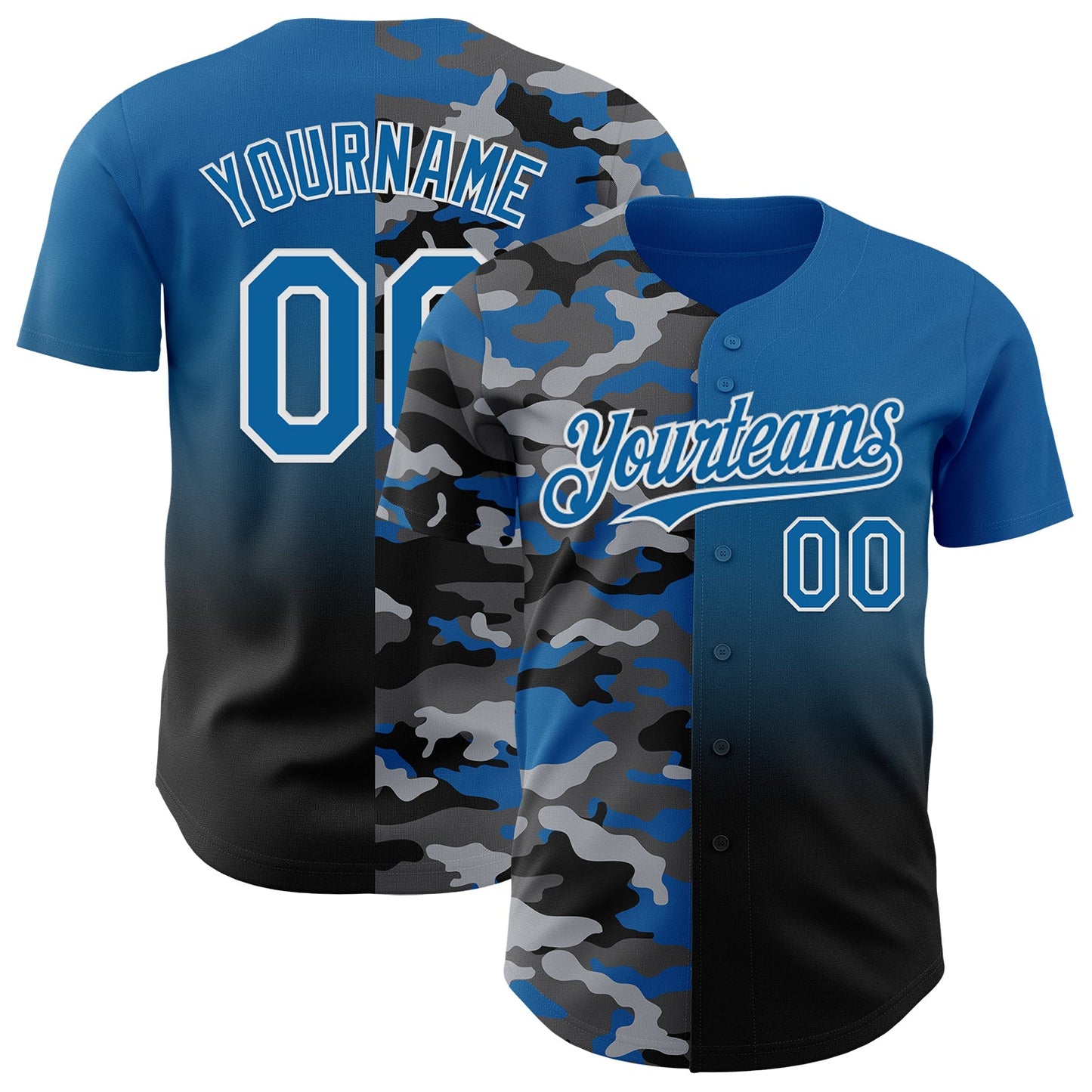 Custom Blue Black-White Half Camo Ombre Authentic Baseball Jersey - Main View