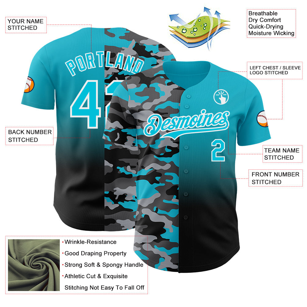 Custom Lakes Blue Black-White Half Camo Ombre Authentic Baseball Jersey view 3