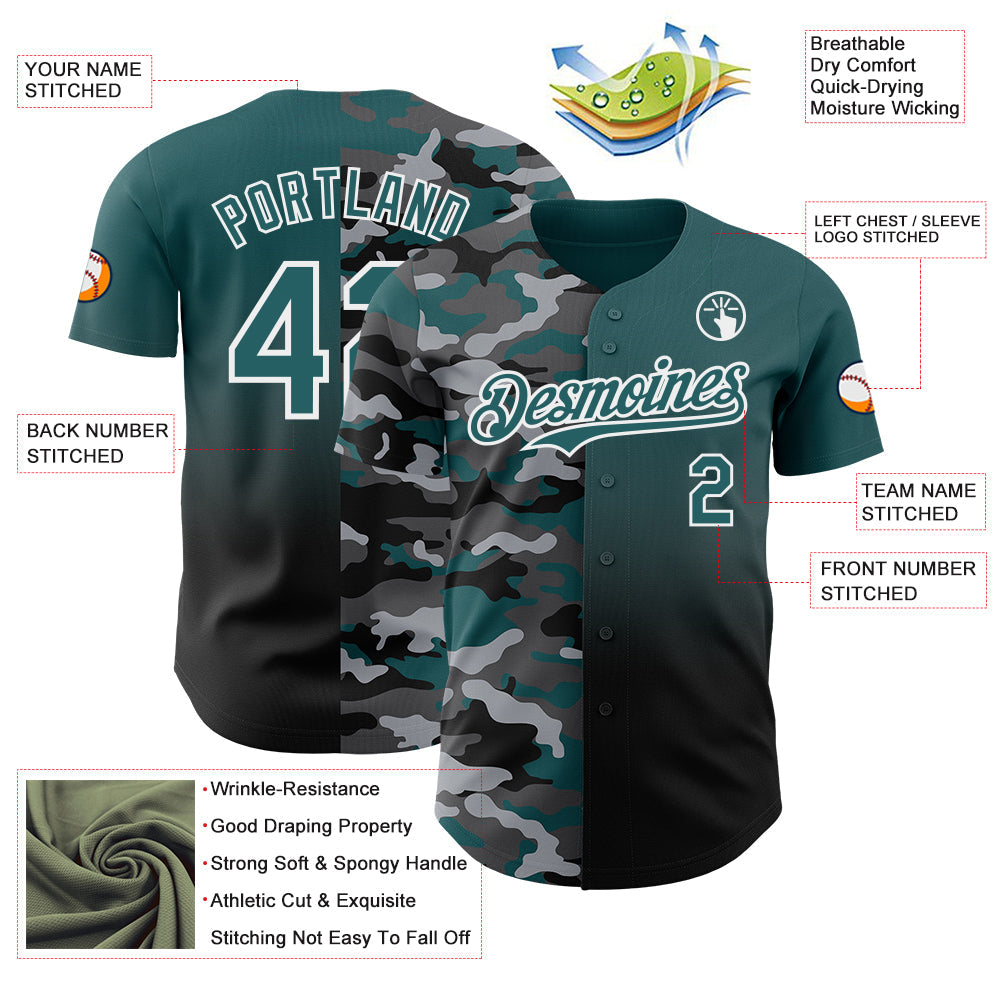 Custom Midnight Green Black-White Half Camo Ombre Authentic Baseball Jersey view 3