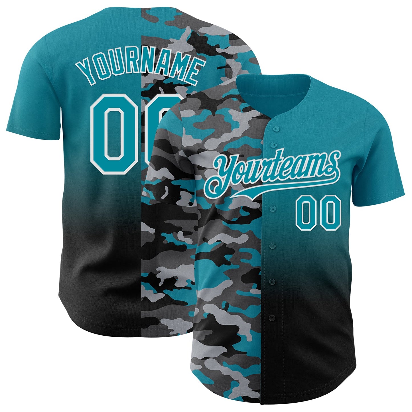 Custom Teal Black-White Half Camo Ombre Authentic Baseball Jersey - Main View