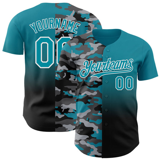 Custom Teal Black-White Half Camo Ombre Authentic Baseball Jersey - Main View