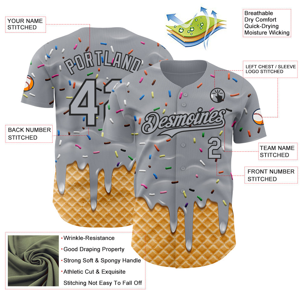 Custom Gray-Black Ice Cream Waffle Foodie Dessert Authentic Baseball Jersey view 3