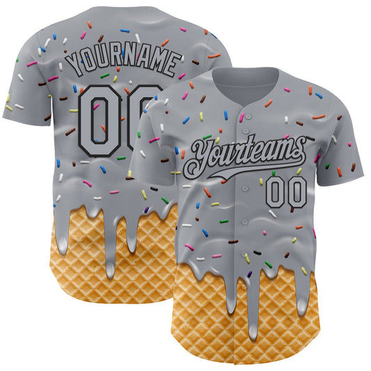 Custom Gray-Black Ice Cream Waffle Foodie Dessert Authentic Baseball Jersey - Main View