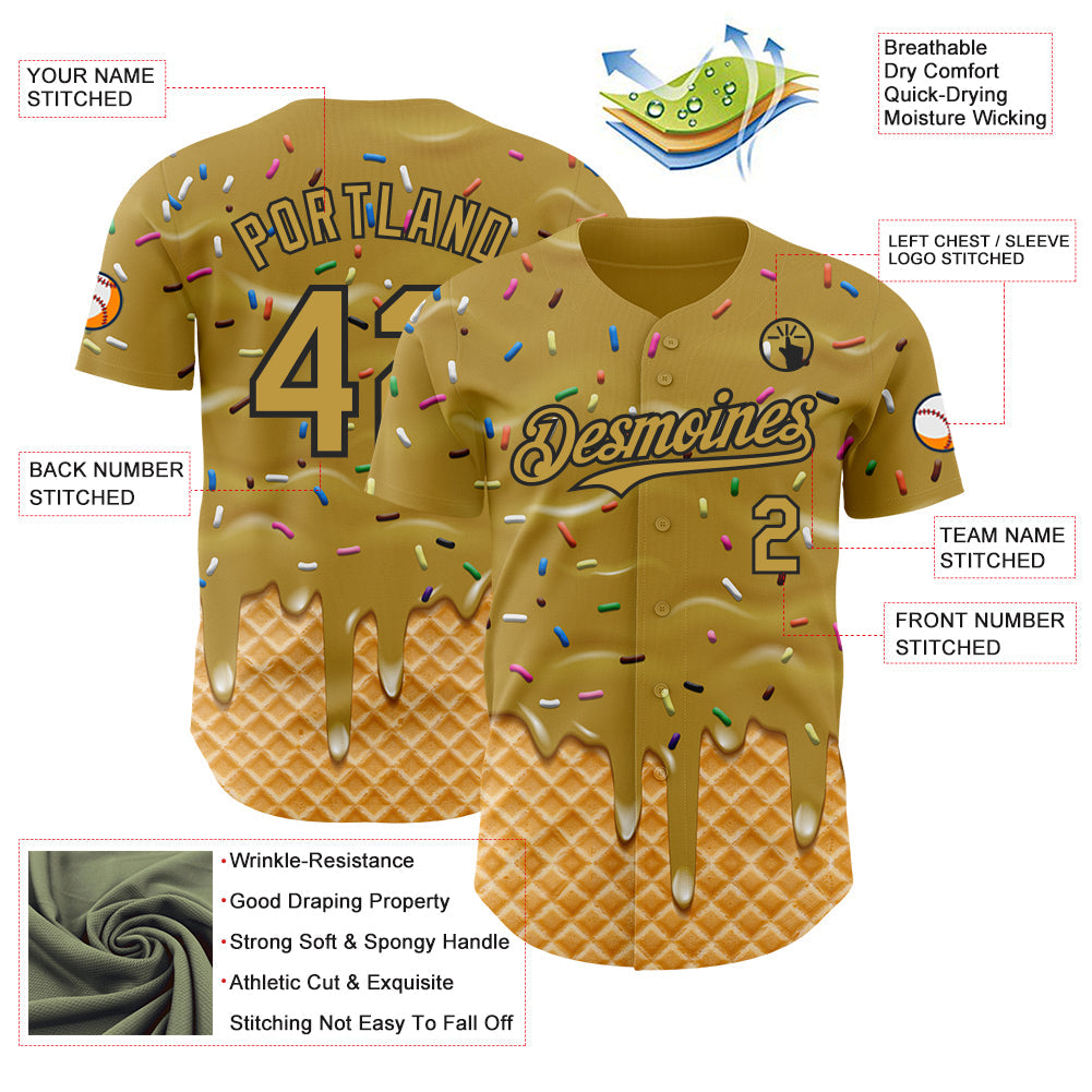 Custom Old Gold-Black Ice Cream Waffle Foodie Dessert Authentic Baseball Jersey view 3