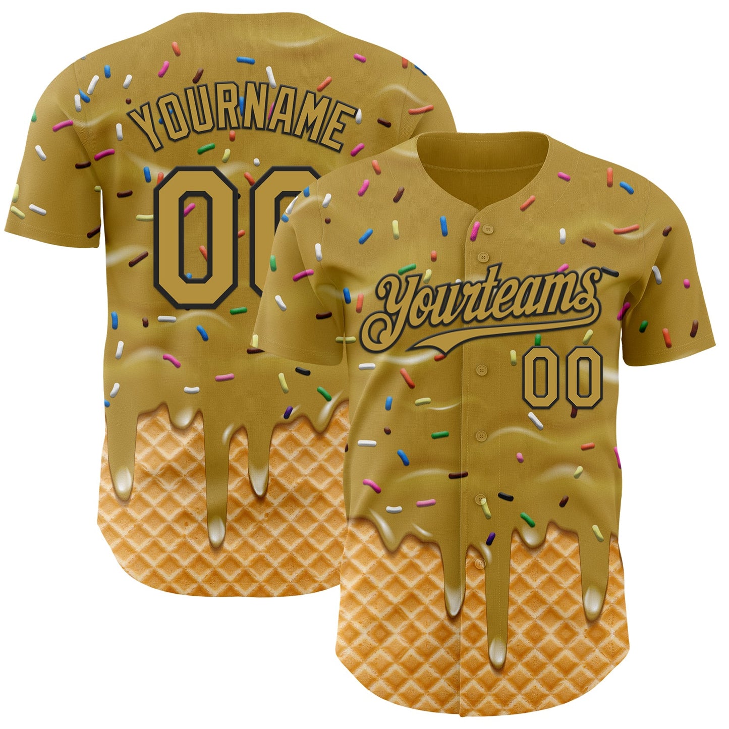 Custom Old Gold-Black Ice Cream Waffle Foodie Dessert Authentic Baseball Jersey - Main View