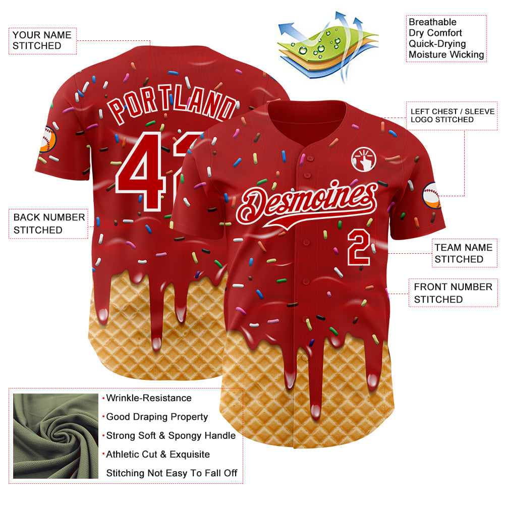 Custom Red-White Ice Cream Waffle Foodie Dessert Authentic Baseball Jersey view 3
