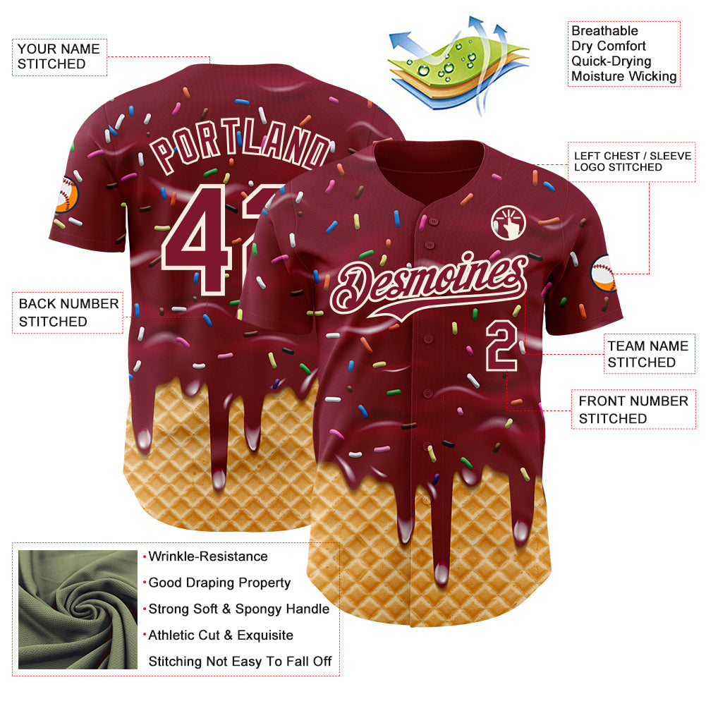 Custom Crimson-Cream Ice Cream Waffle Foodie Dessert Authentic Baseball Jersey view 3
